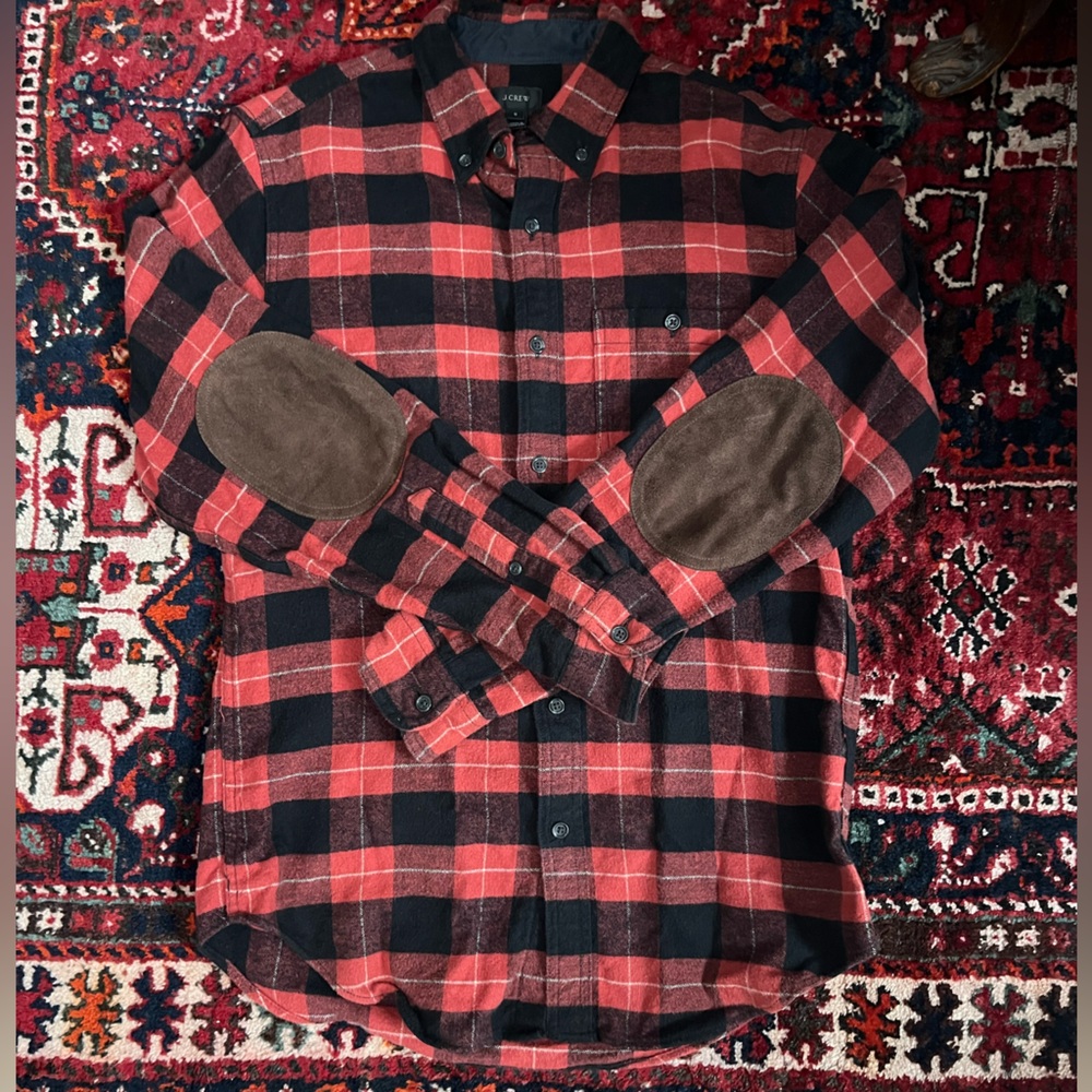 J Crew Flannel Red and Black Plaid Shirt with Suede Elbow Patches - S